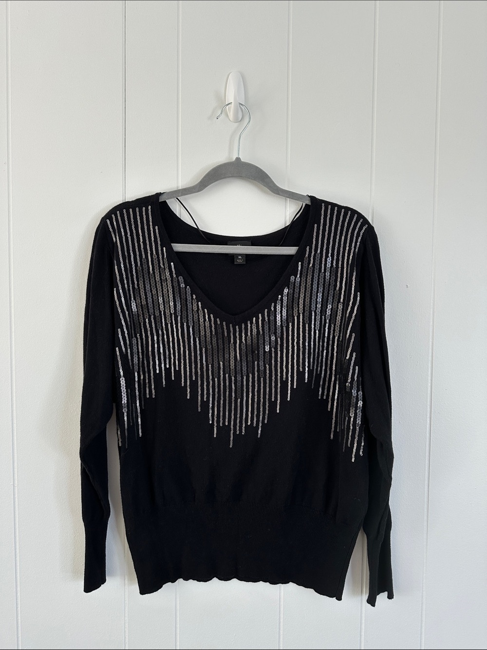 Worthington Black V-Neck Sweater with Silver Sequin Accent